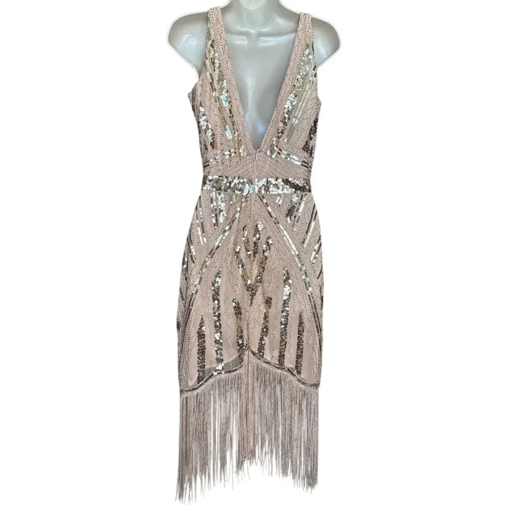 Unique Vintage Blush Pink Sequin Fringe V Neck Flapper Dress M NWOT - Picture 5 of 8